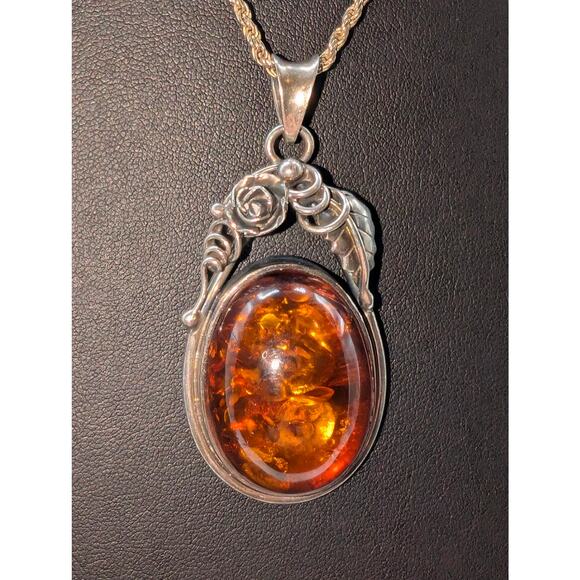 Vintage Large Baltic Amber Sterling Silver Rose Leaf Design  Vintage Large Baltic Amber Sterling Silver Rose Leaf Design Pendant Necklace